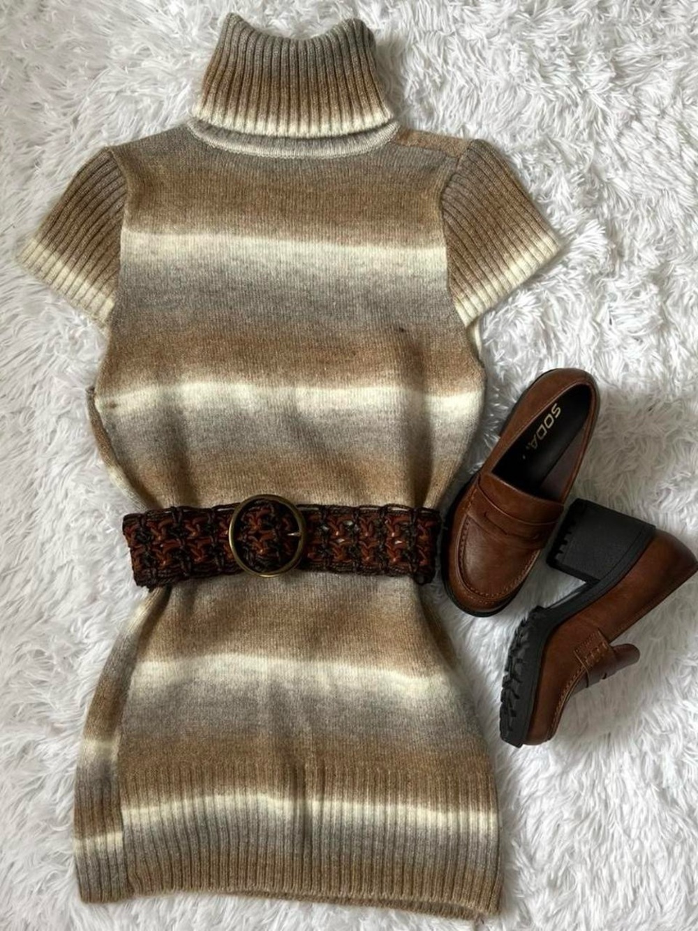 Turtleneck Short-Sleeve Sweater Dress in Soft Brown Stripe